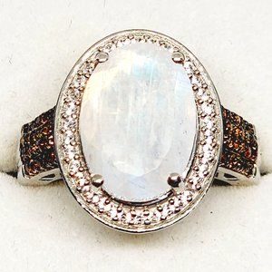 Premium Rainbow Moonstone Coffee & White Zircon halo ring in Plat/925SS sz 7